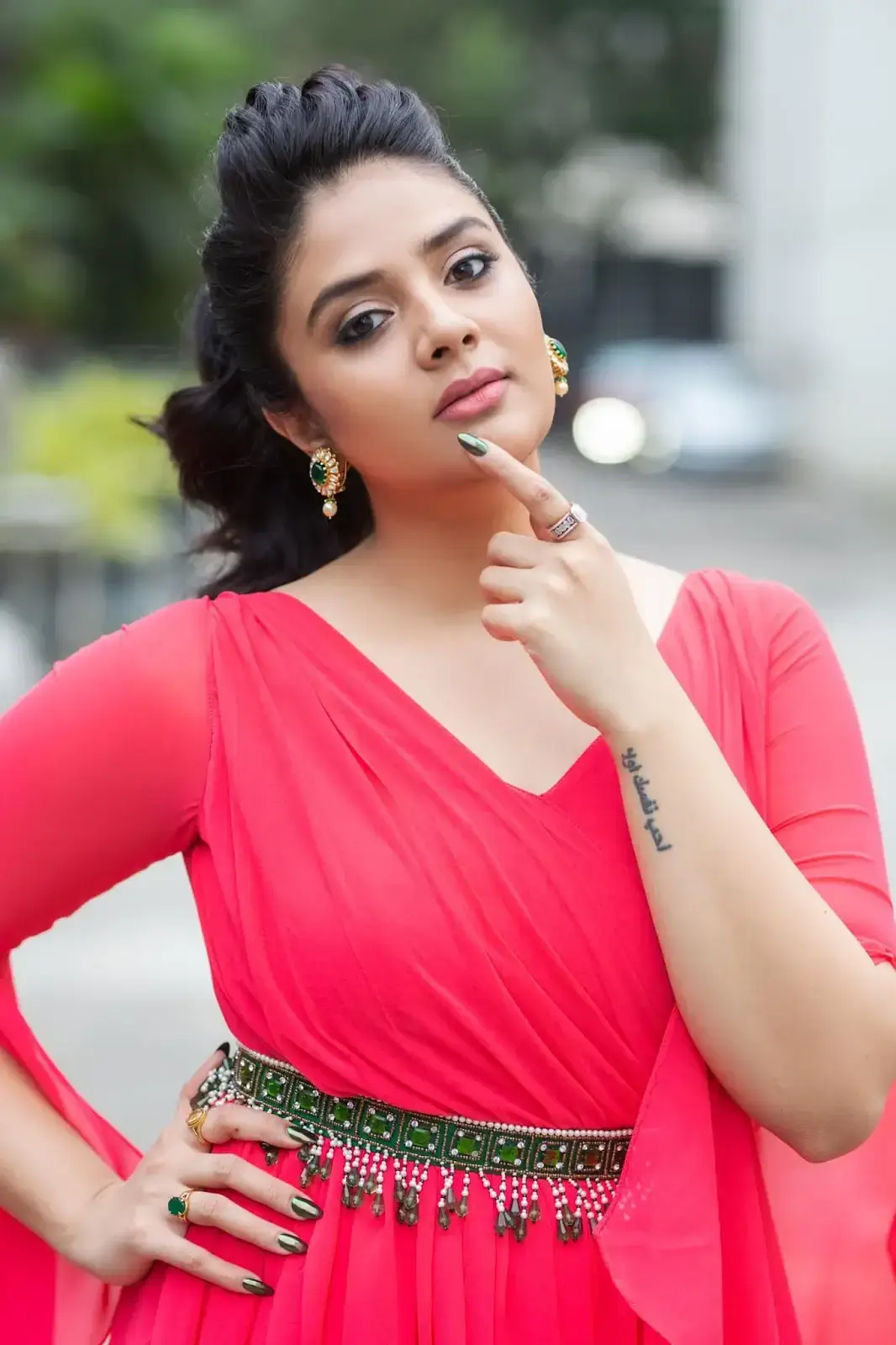 South Indian Television Actress Sreemukhi in Long Red Gown